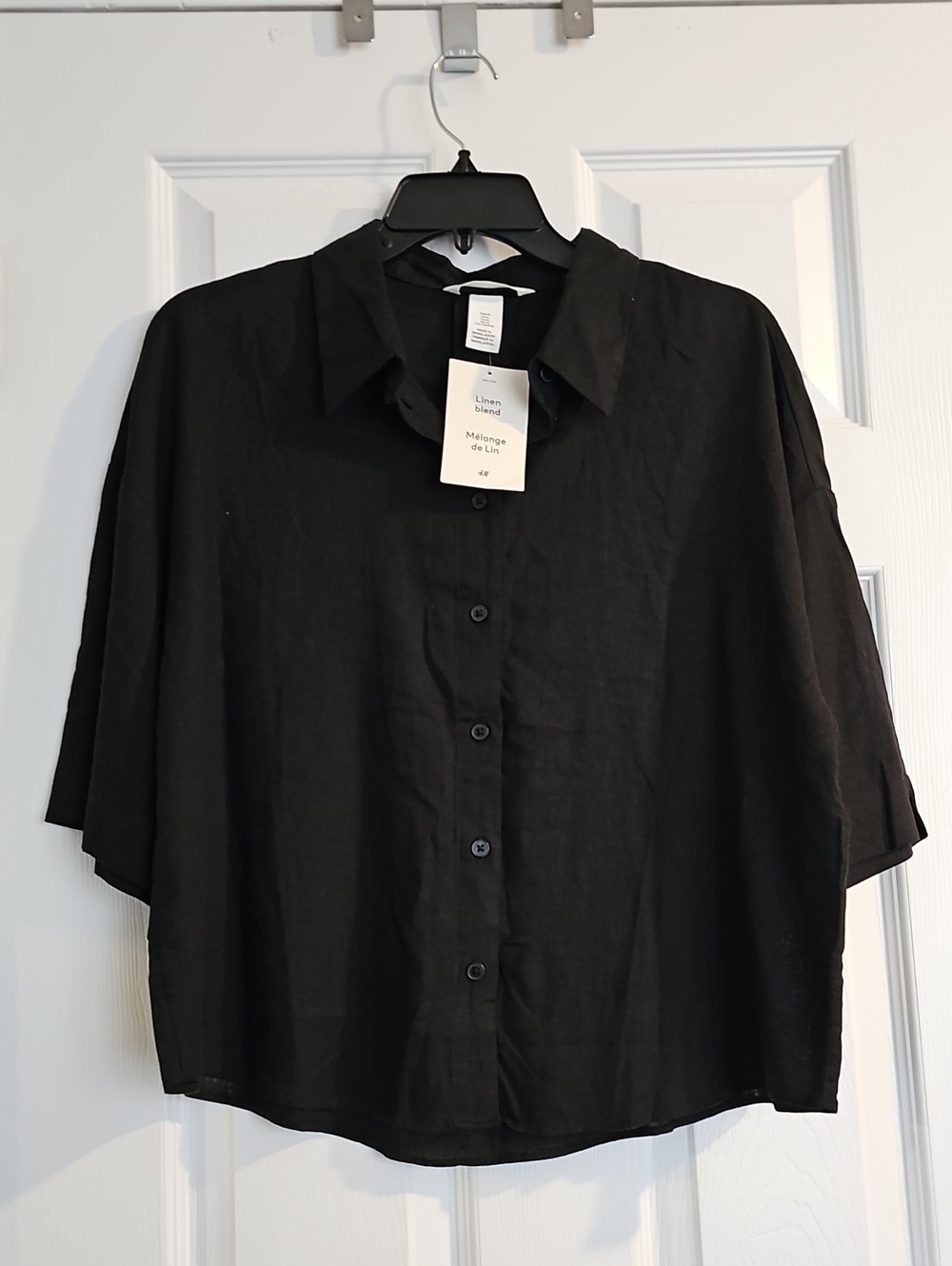 Women's Black Linen Blend Short-Sleeve Button-Up Shirt